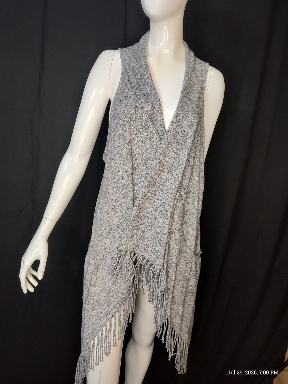 Chelsea & Theodore Gray Cotton Open-Front Fringe Cover Knit Vest